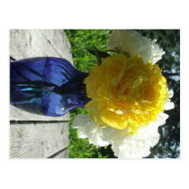 Yellow Peony Flower in Blue Vase Postcard postcards
