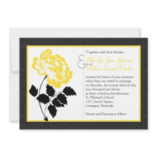 Yellow Peony on Linen with Charcoal Black Damask invitation