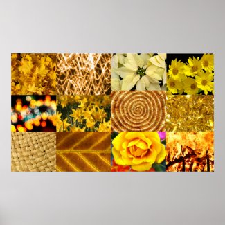 Yellow photography collage poster with straw autumn leaves yellow flowers fairy lights and streaks of fire and light