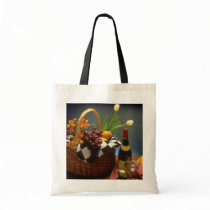 Yellow Picnic basket with wine, cheese, bread and Canvas Bags