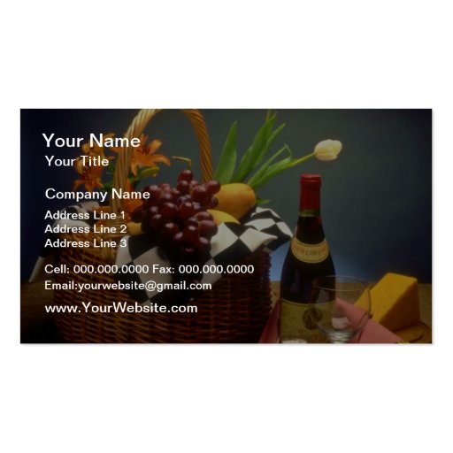 Yellow Picnic basket with wine, cheese, bread and Business Card