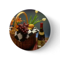 Yellow Picnic basket with wine, cheese, bread and Pinback Button