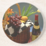 Yellow Picnic basket with wine, cheese, bread and Beverage Coaster