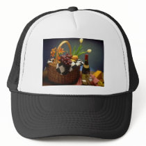 Yellow Picnic basket with wine, cheese, bread and Hat
