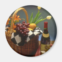 Yellow Picnic basket with wine, cheese, bread and magnets