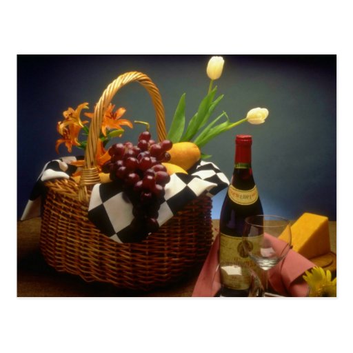 Yellow Picnic basket with wine, cheese, bread and Postcard Zazzle