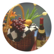 Yellow Picnic basket with wine, cheese, bread and Stickers