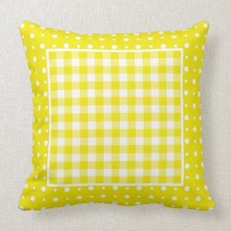 Yellow Pillow or Cushion, Polka Dots and Gingham