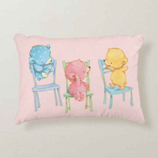 Yellow, Pink, and Blue Bears on Chairs Decorative Pillow Zazzle
