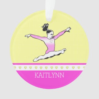 Yellow / Pink Leaping Gymnast Ornament w/ Monogram