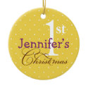 Yellow polka dots purple name baby first holiday ornament