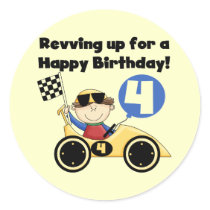 Yellow Race Car 4th Birthday Tshirts and Gifts stickers by kids_birthdays Yellow Race Car 4th Birthday Tshirts and Gifts stickers