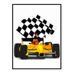 Yellow Race Car with Checkered Flag Post Cards