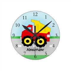 Yellow/Red Boys Dumptruck Construction Round Clocks