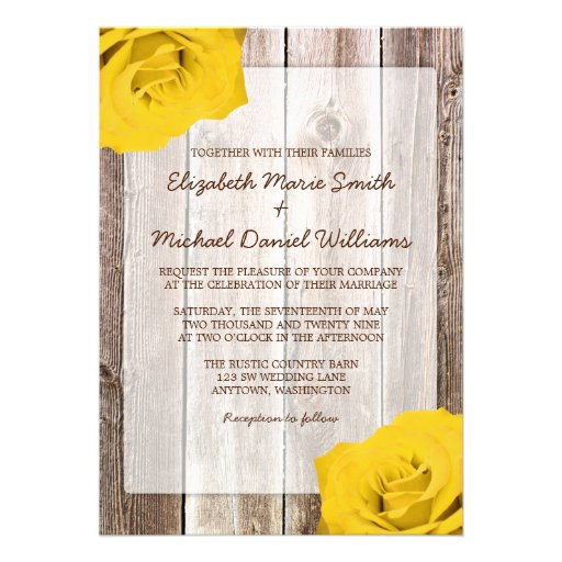 Yellow Rose Rustic Barn Wood Wedding Invitations