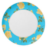 Yellow roses Floral pattern on blue & white plate plates