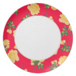 Yellow roses Floral pattern on red & white plate plates