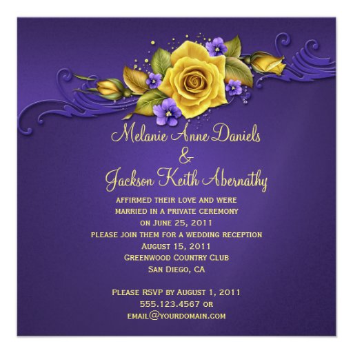 Yellow Roses Purple Pansies Post Wedding Custom Invites