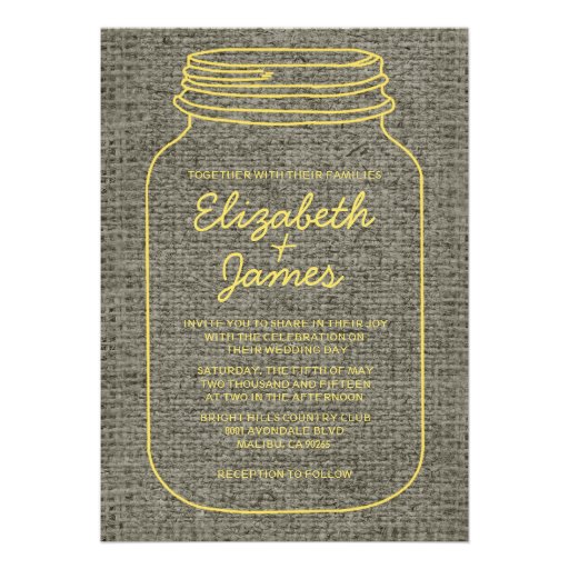 Yellow Rustic Burlap Mason Jar Wedding Invitations