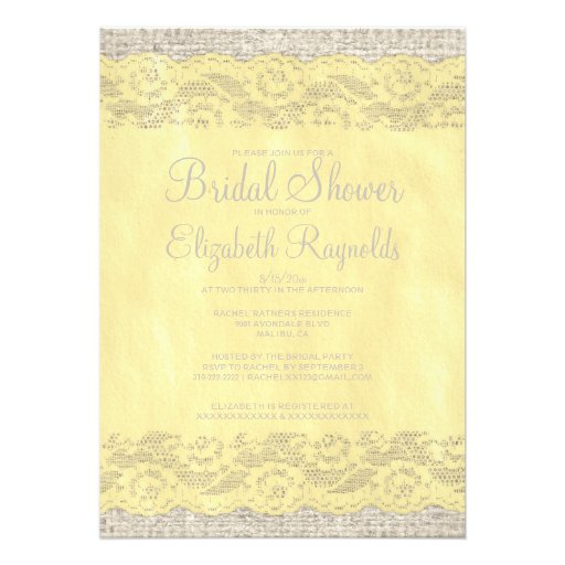 Yellow Rustic Lace Bridal Shower Invitations