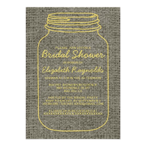 Yellow Rustic Mason Jar Bridal Shower Invitations