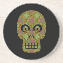 Yellow Skull Fractal Pattern Beverage Coaster