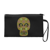 Yellow Skull Fractal Pattern Wristlet Clutch
