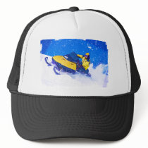 Yellow Snowmobile in Blizzard Hats