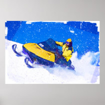 Yellow Snowmobile in Blizzard Posters