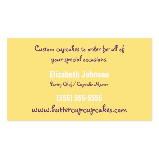 Yellow Sprinkles Cupcake Baker or Party Planner Business Card Template (back side)