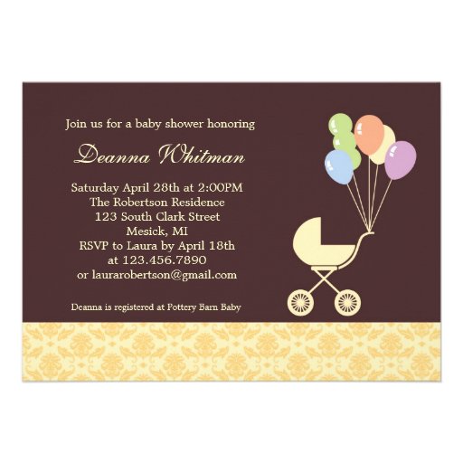 Yellow Stroller with Balloons Baby Shower Custom Invite