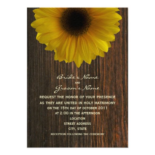 Yellow Sunflower & Barnwood Fall Wedding Custom Announcements
