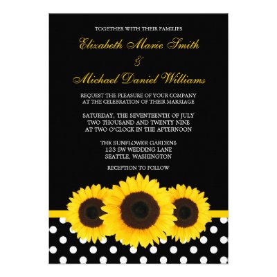 Yellow Sunflower Black and White Polka Dot Wedding Invite