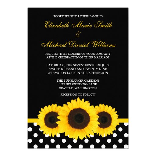 Yellow Sunflower Black and White Polka Dot Wedding Invite