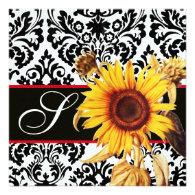 YELLOW SUNFLOWER BLACK WHITE DAMASK MONOGRAM CUSTOM INVITATIONS