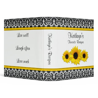 Yellow Sunflower Black White Damask Recipe Binder
