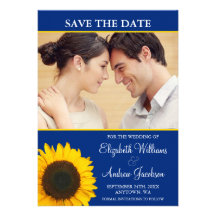Yellow Sunflower Blue Photo Save the Date Custom Invite