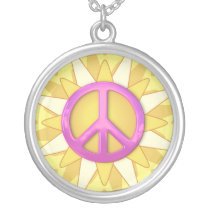 Yellow Sunflower Pink Peace Sign  Necklace