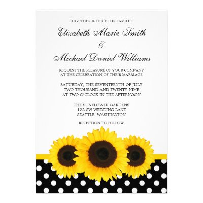 Yellow Sunflower White and Black Polka Dot Wedding Custom Invite