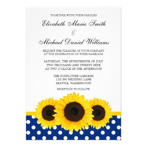 Yellow Sunflower White and Blue Polka Dot Wedding Invite