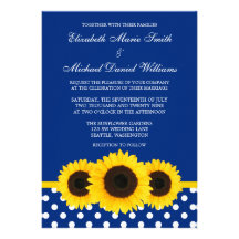 Yellow Sunflowers Blue and White Polka Dot Wedding Invitations