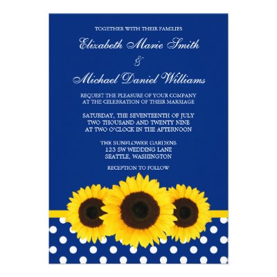 Yellow Sunflowers Blue and White Polka Dot Wedding Invitations