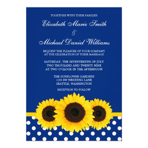 Yellow Sunflowers Blue and White Polka Dot Wedding Invitations
