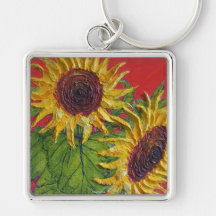 Yellow Sunflowers on Red Keychain