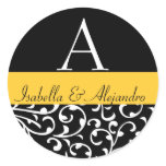 Yellow Swirl Damask Monogram Wedding Favour Labels Round Sticker