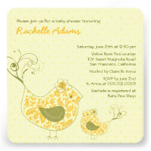 Yellow Swirly Mom & Baby Bird Baby Shower Invite