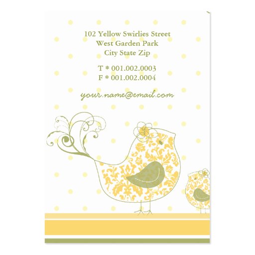 Yellow Swirly Whimsical Birds Custom Business Card (back side)
