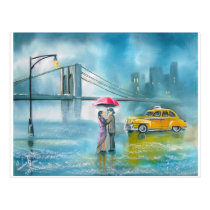 Yellow taxi couple rainy day romantic couple postcards
