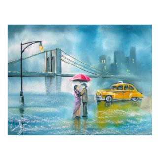 Yellow taxi couple rainy day romantic couple print