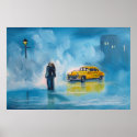 Yellow taxi rainy day romantic couple painting print